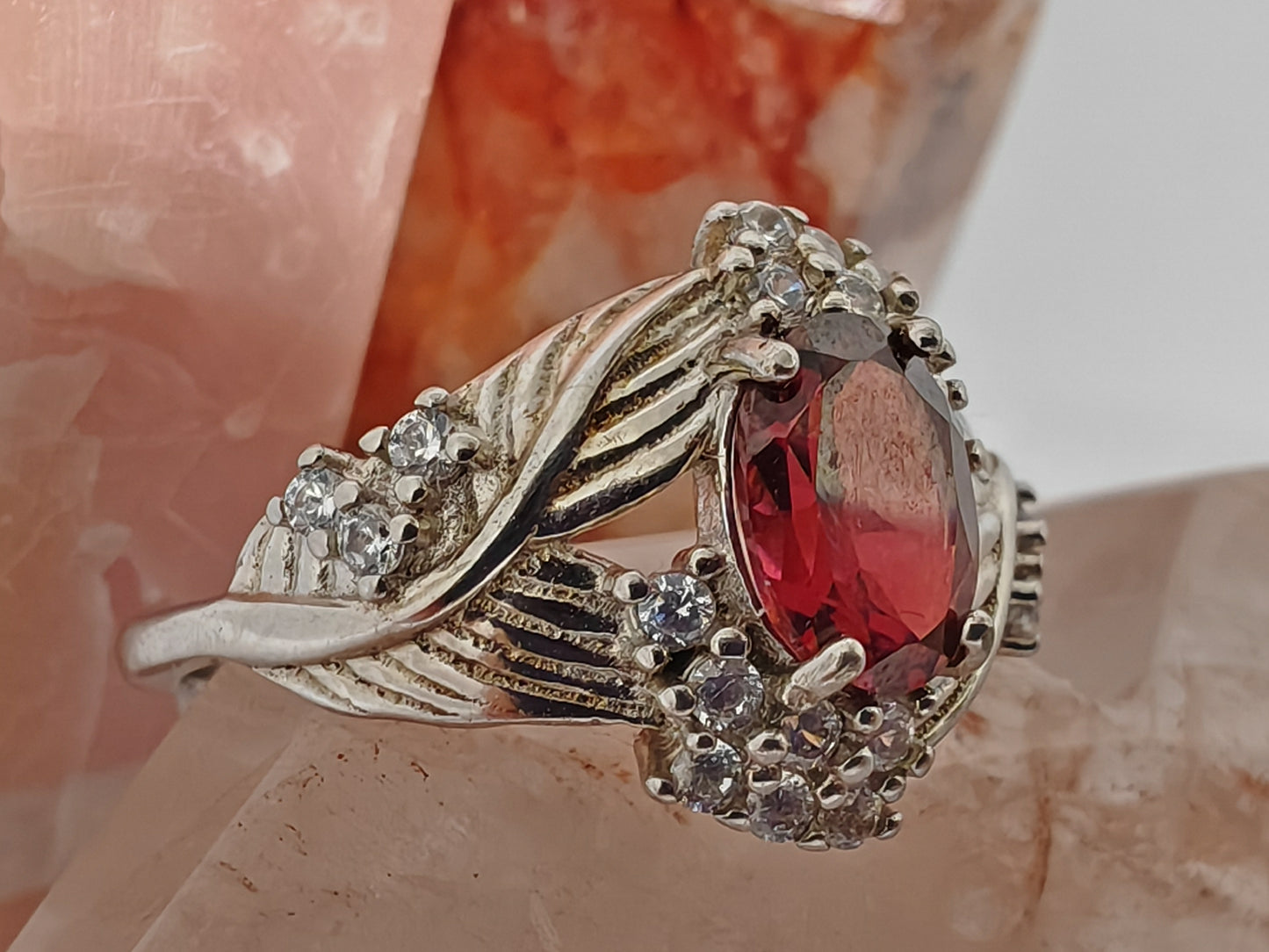 Red Rose and Ivy - Red Garnet in Sterling Silver - Adjustable up to Size R