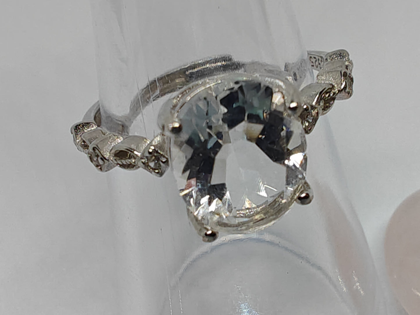 Large clear quartz - Sterling Silver Adjustable Ring with CZ Stones up to Size (R)