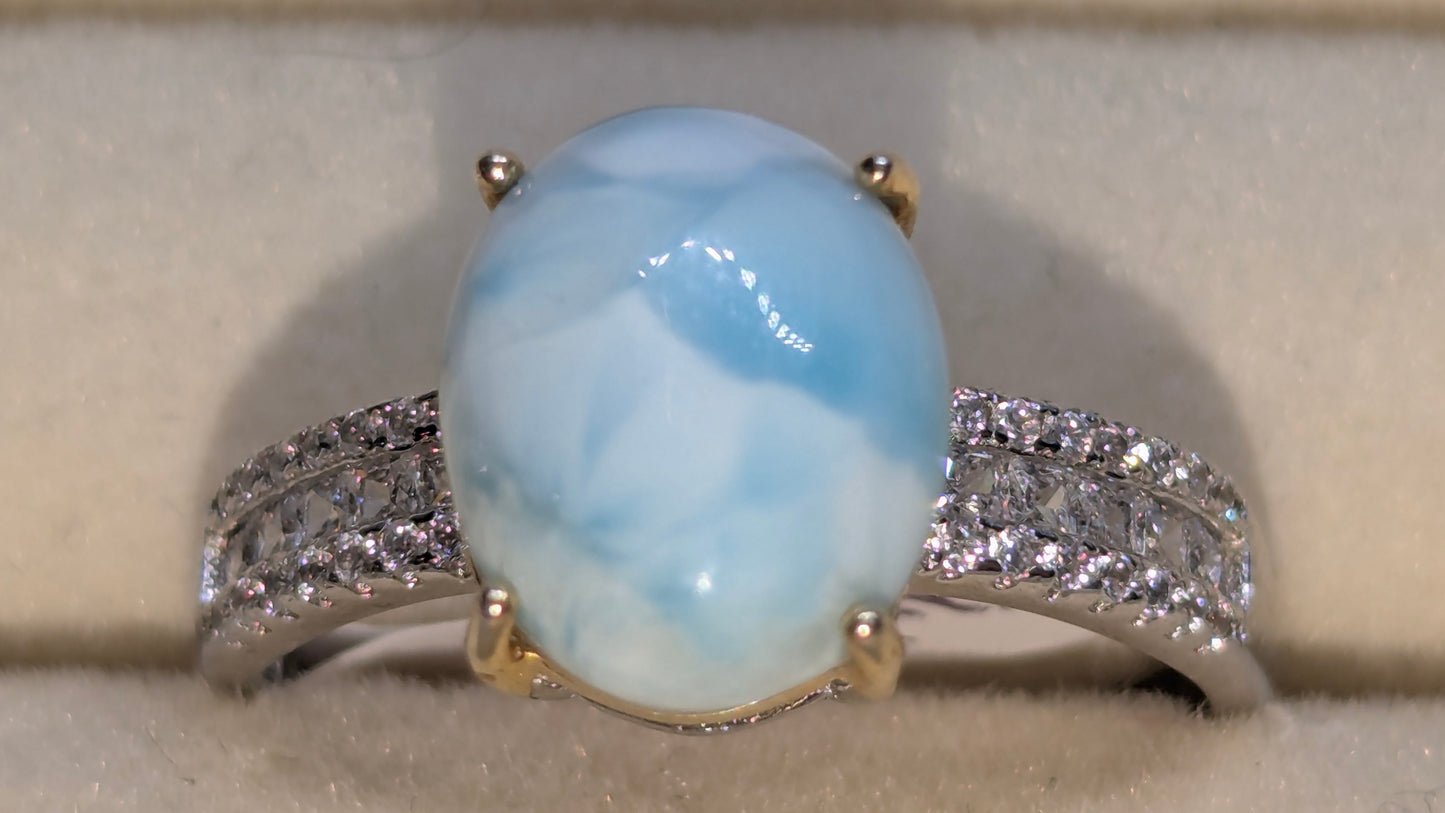 Cloudy sky Larimar - Sterling Silver Adjustable Ring up to Size U