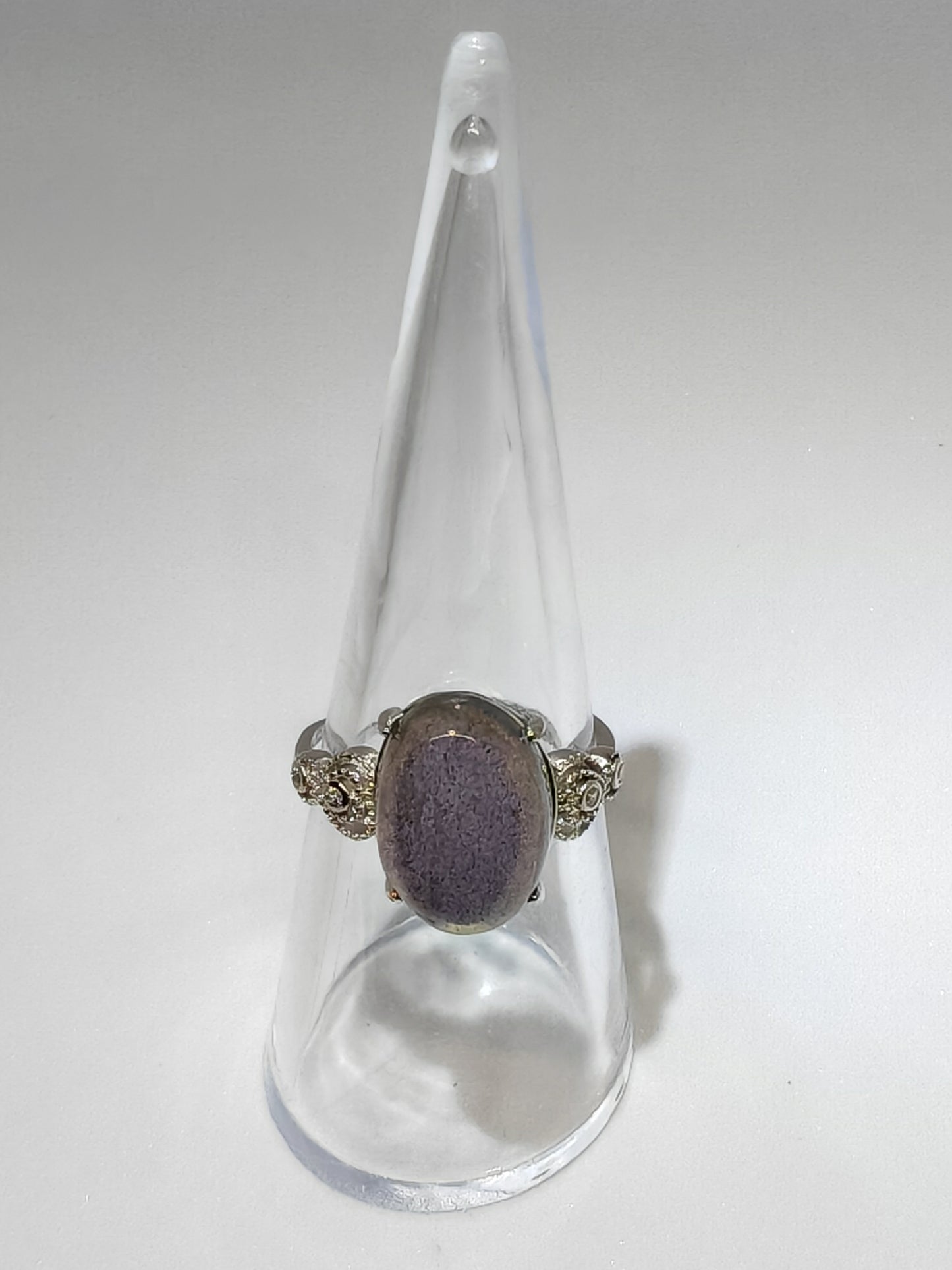 Large Labradorite - Sterling Silver Adjustable Ring with CZ Hearts up to Size (R)