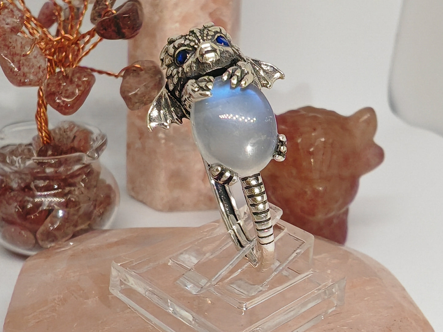 The Dragon and the Egg - Sterling Silver Adjustable Ring (up to U) with Moon Stone or Blue Star Ruby