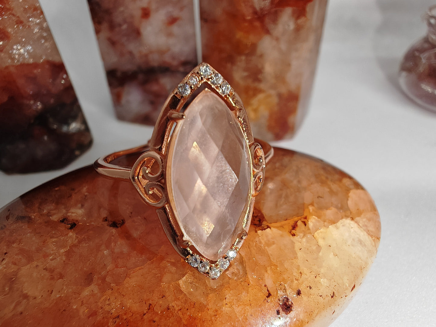 Queen of Rose Quartz - Rose Gold Sterling Silver Adjustable Ring up to Size T