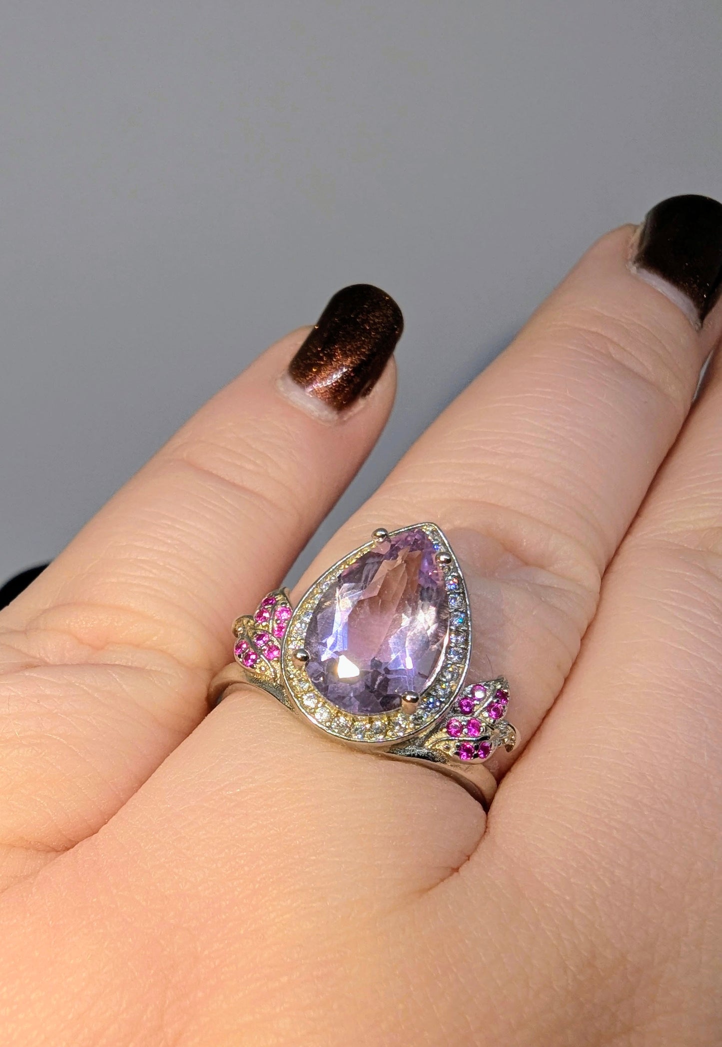 Lavender and Ruby Fantasy - Sterling Silver Adjustable Ring up to Size T