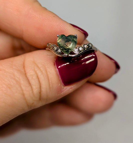 Moss Agate Heart - Sterling Silver Adjustable Ring with CZ Stones up to Size (R)