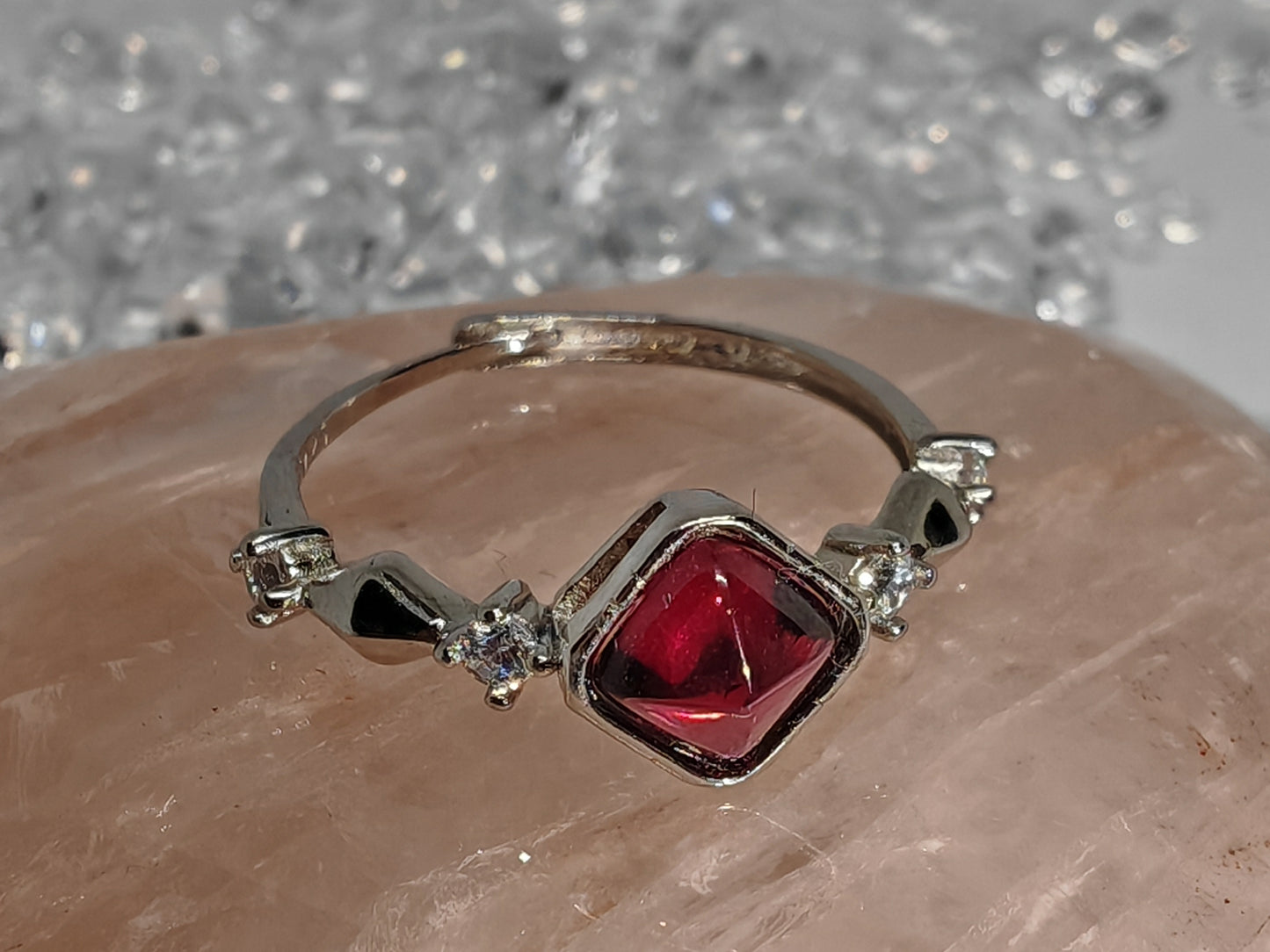 Garnet Pyramid - Sterling Silver Adjustable Ring up to Size R