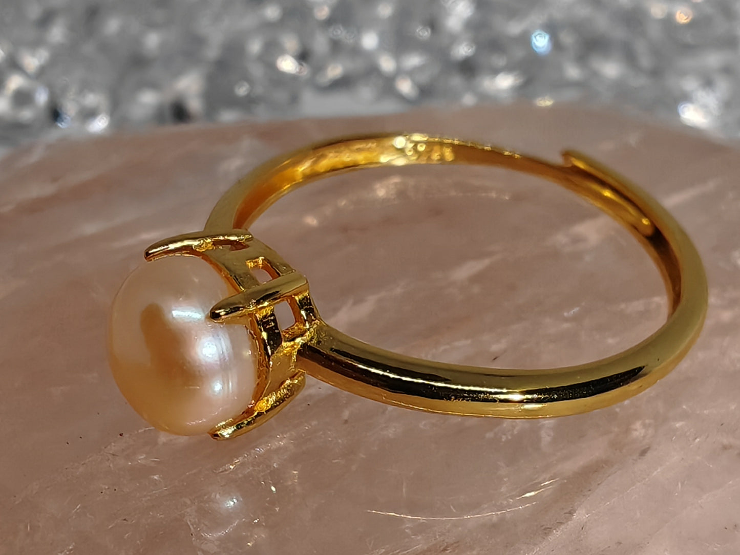 The Golden Pearl - Sterling Silver Adjustable Ring up to Size R - Gold Plated