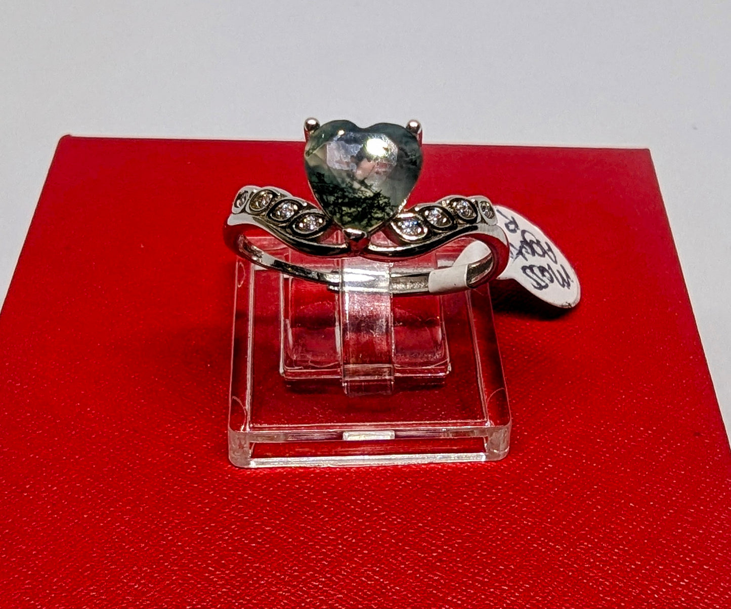 Moss Agate Heart - Sterling Silver Adjustable Ring with CZ Stones up to Size (R)