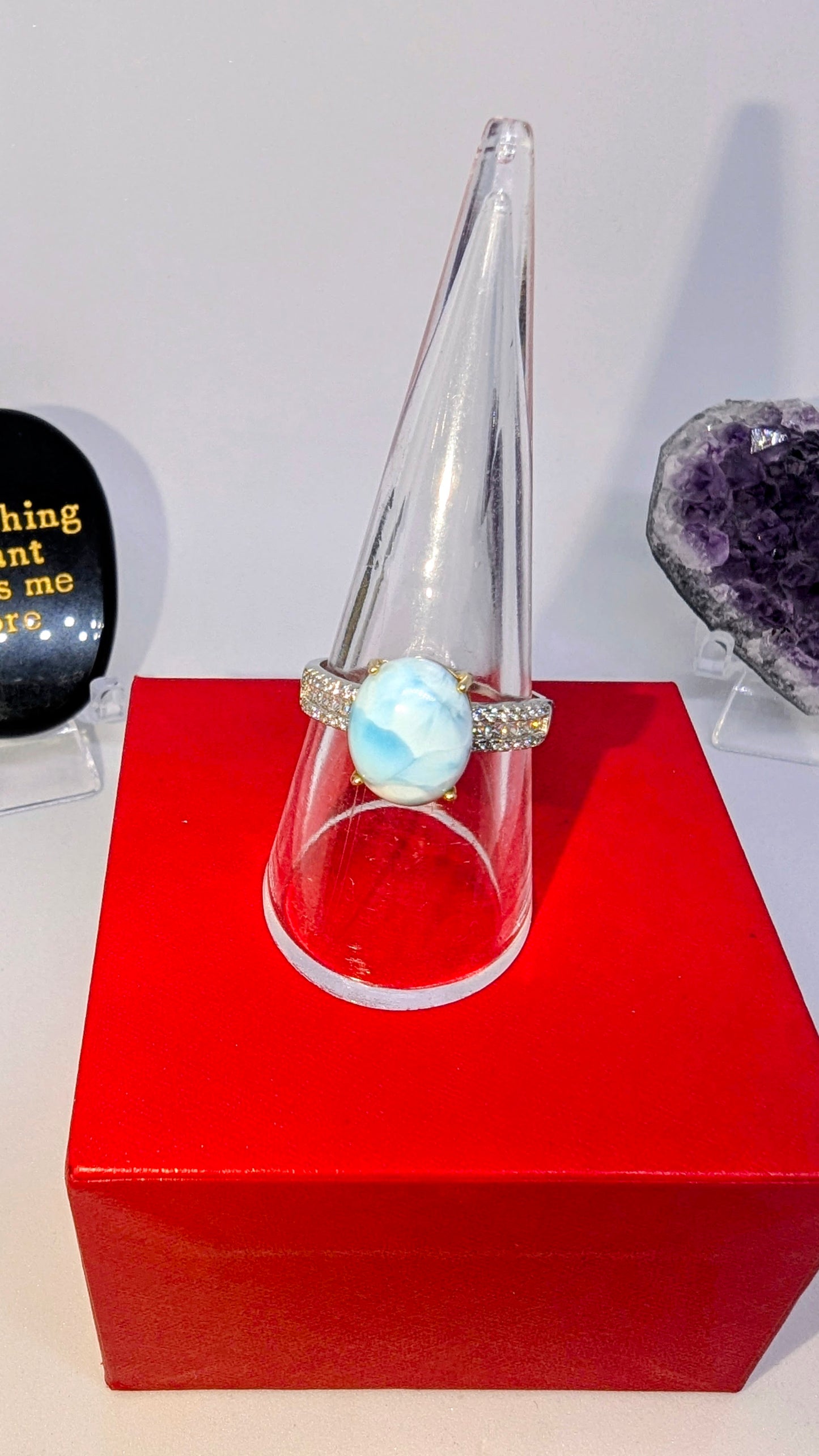 Cloudy sky Larimar - Sterling Silver Adjustable Ring up to Size U