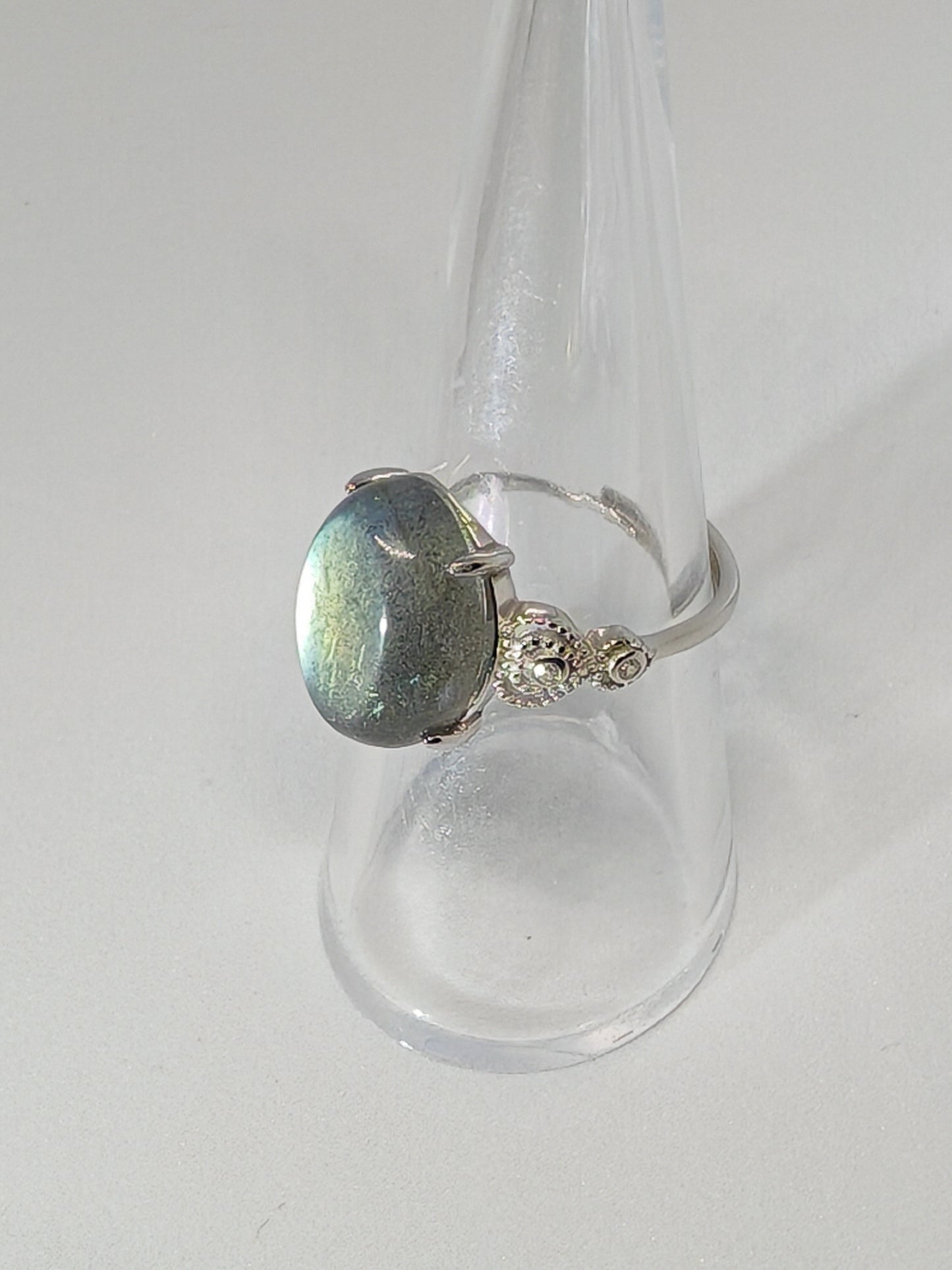 Large Labradorite - Sterling Silver Adjustable Ring with CZ Hearts up to Size (R)
