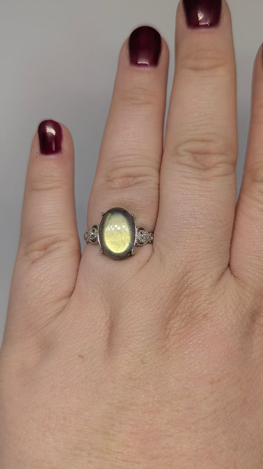 Large Labradorite - Sterling Silver Adjustable Ring with CZ Hearts up to Size (R)