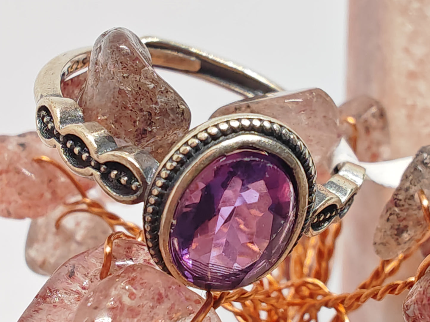 Oval Amethyst/ Sunstone/ Garnet Vintage - A Vintage Look with a Beaded Frame up to Size (R)