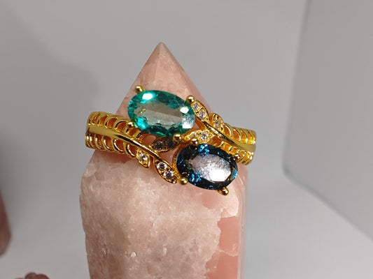 Two Blue Flowers - Gold Plated Adjustable Sterling Silver - up to Size S