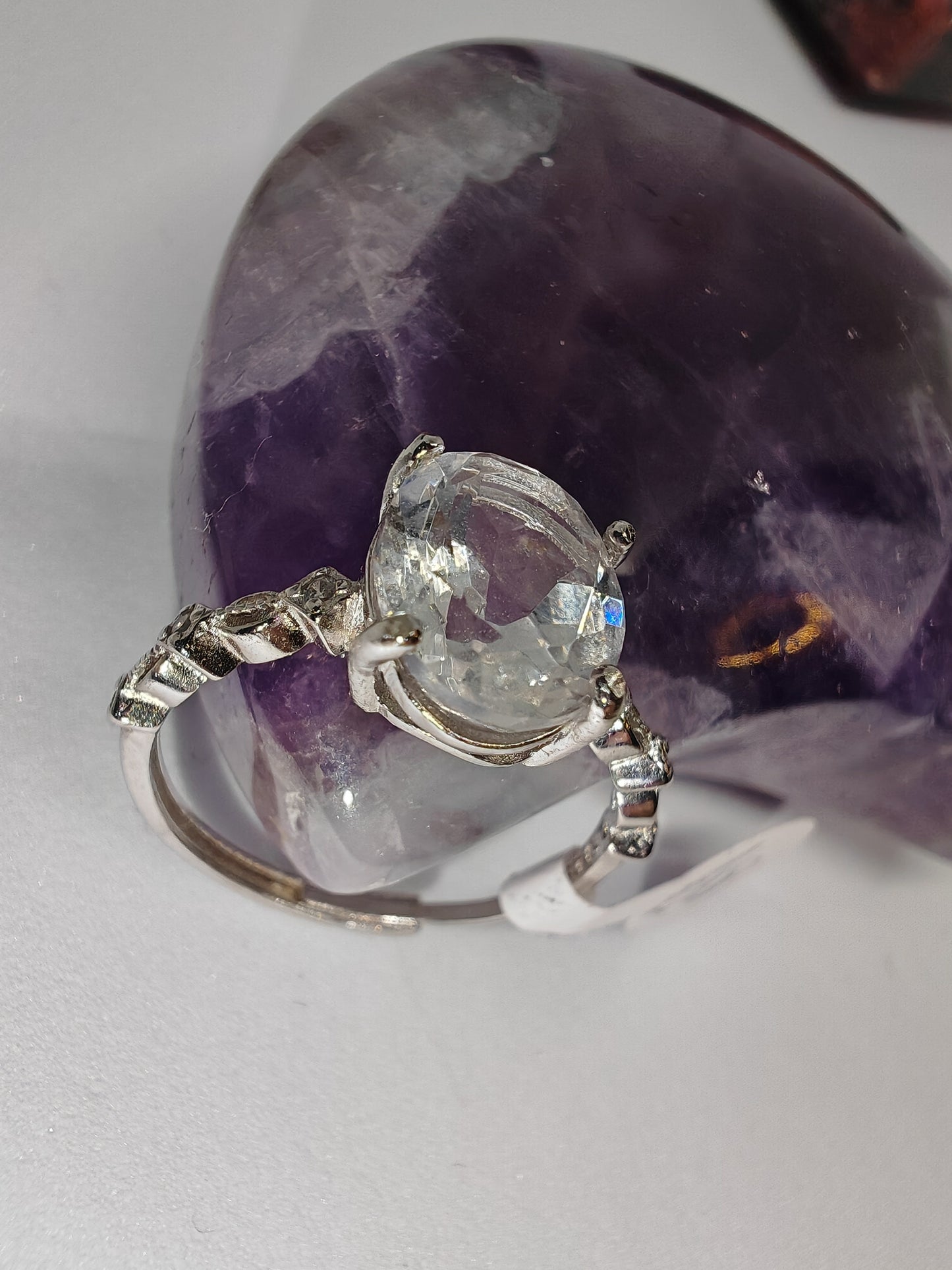 Large clear quartz - Sterling Silver Adjustable Ring with CZ Stones up to Size (R)