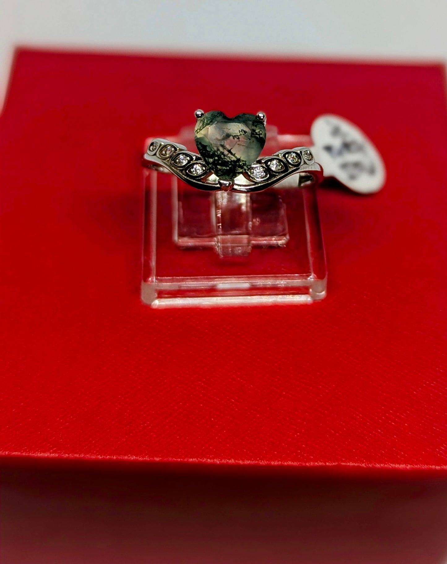 Moss Agate Heart - Sterling Silver Adjustable Ring with CZ Stones up to Size (R)