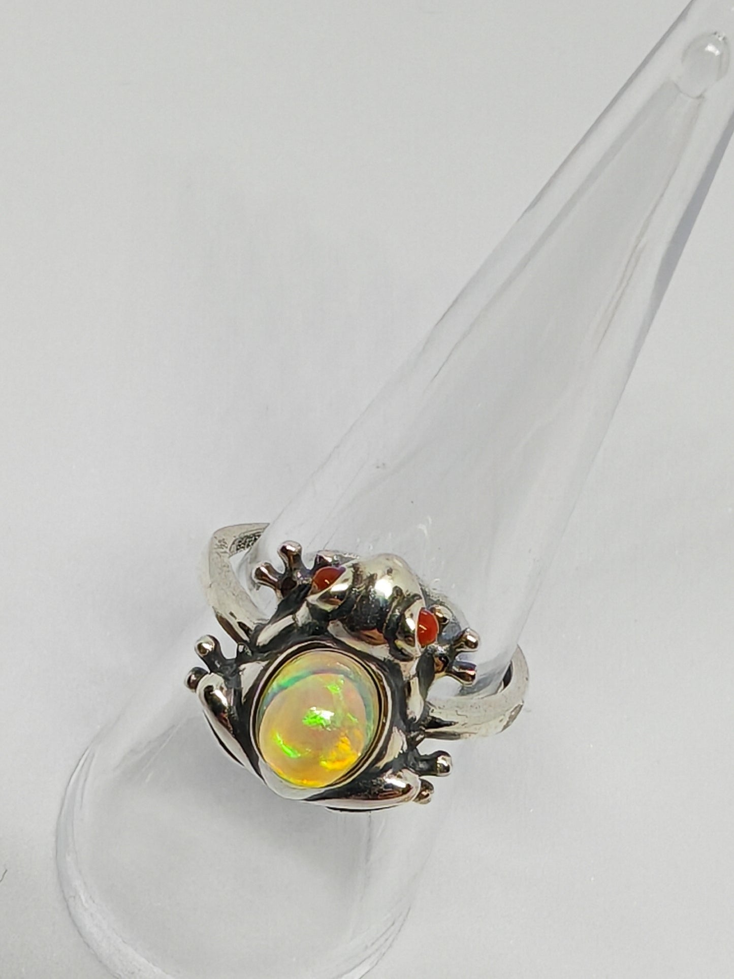 Red Eyed Opal Frog - Sterling Silver Adjustable Ring up to Size (S)