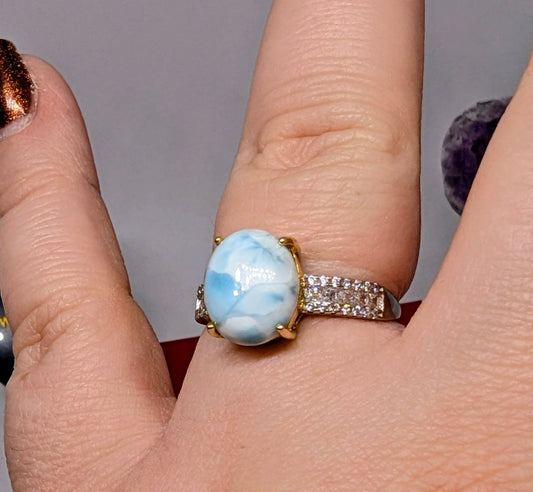 Cloudy sky Larimar - Sterling Silver Adjustable Ring up to Size U