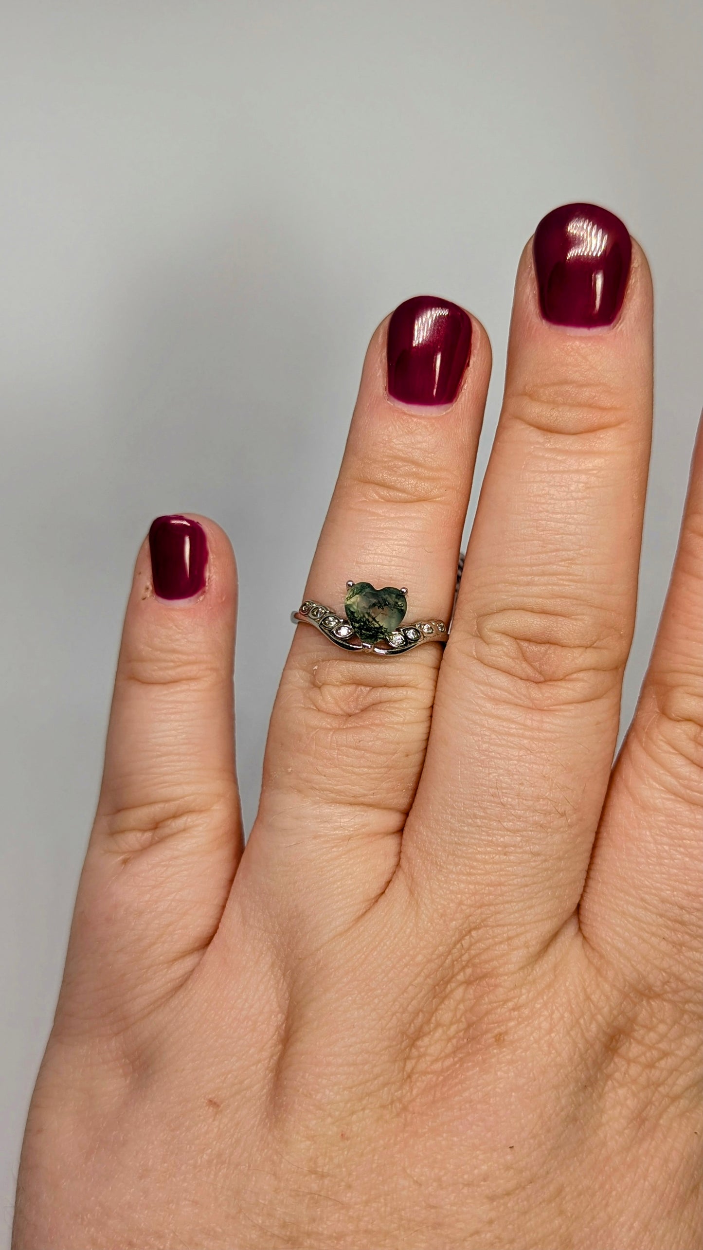 Moss Agate Heart - Sterling Silver Adjustable Ring with CZ Stones up to Size (R)