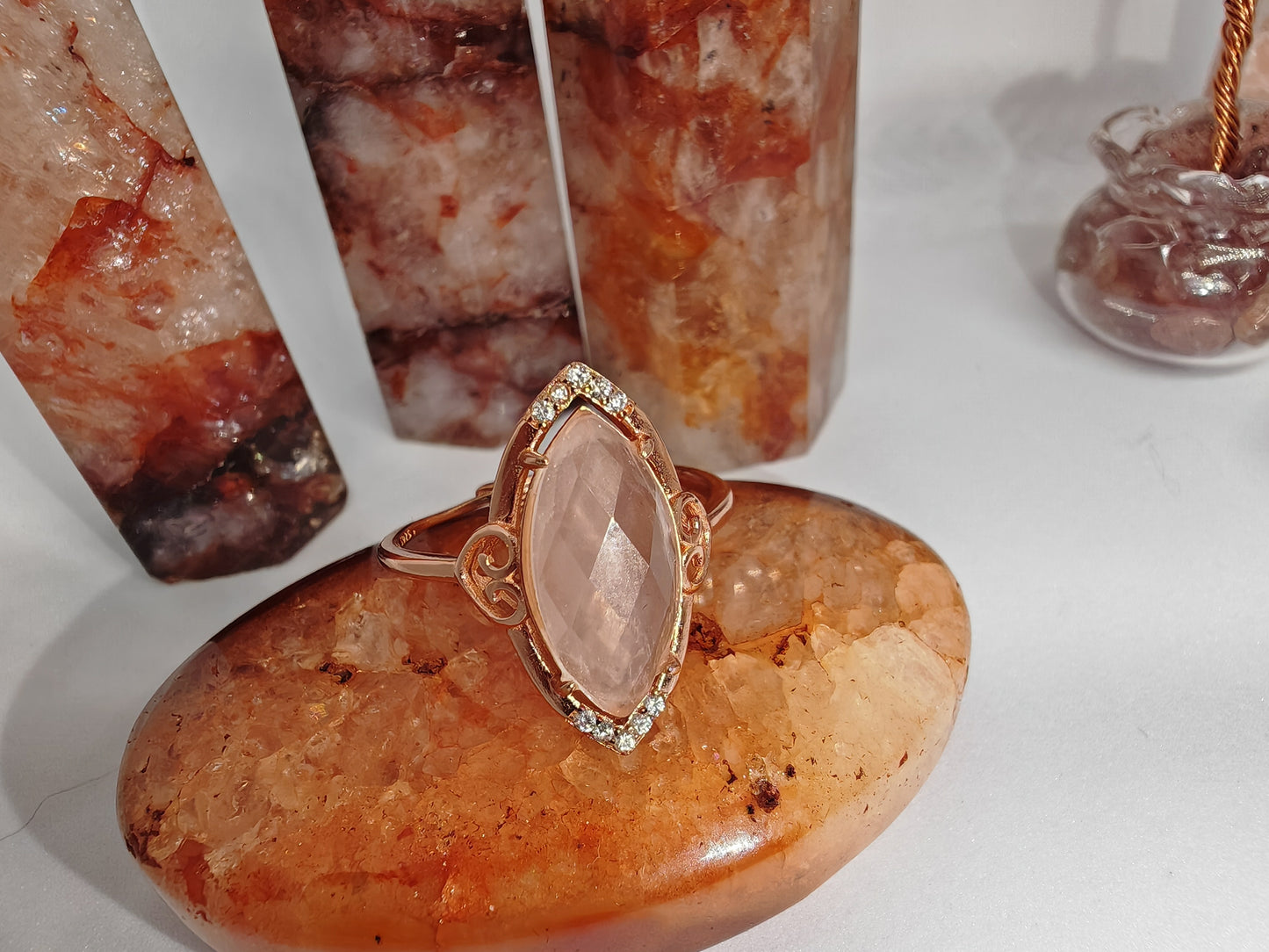 Queen of Rose Quartz - Rose Gold Sterling Silver Adjustable Ring up to Size T
