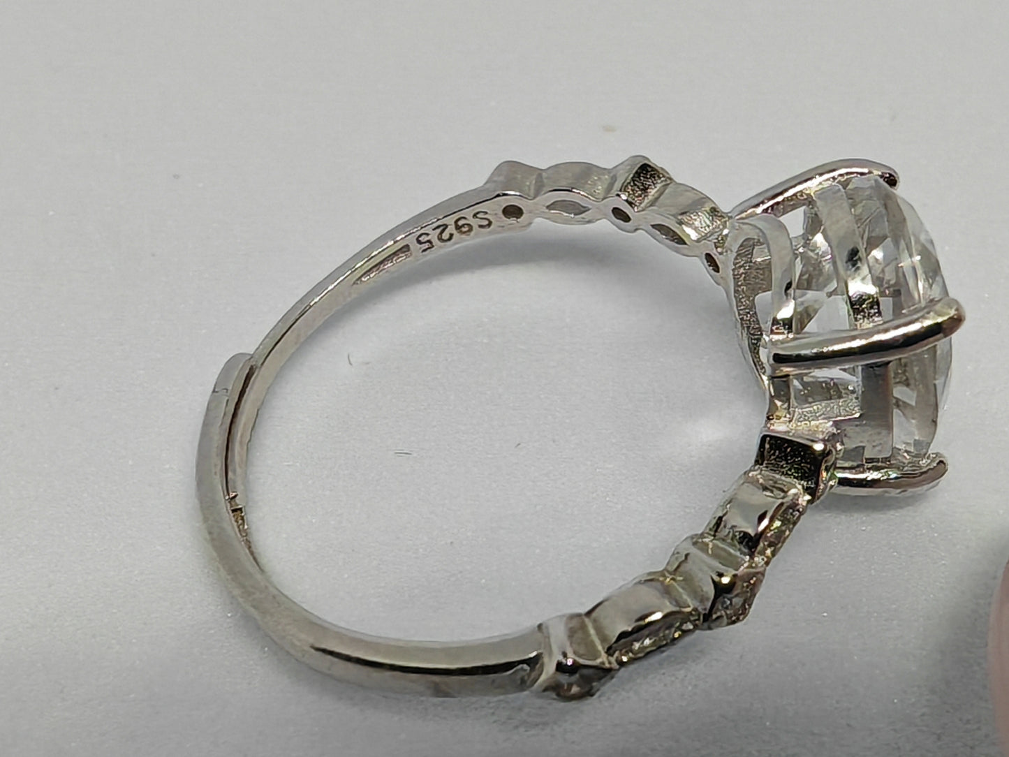 Large clear quartz - Sterling Silver Adjustable Ring with CZ Stones up to Size (R)