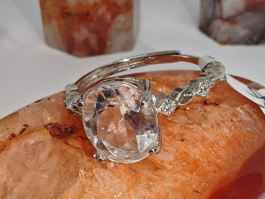 Large clear quartz - Sterling Silver Adjustable Ring with CZ Stones up to Size (R)