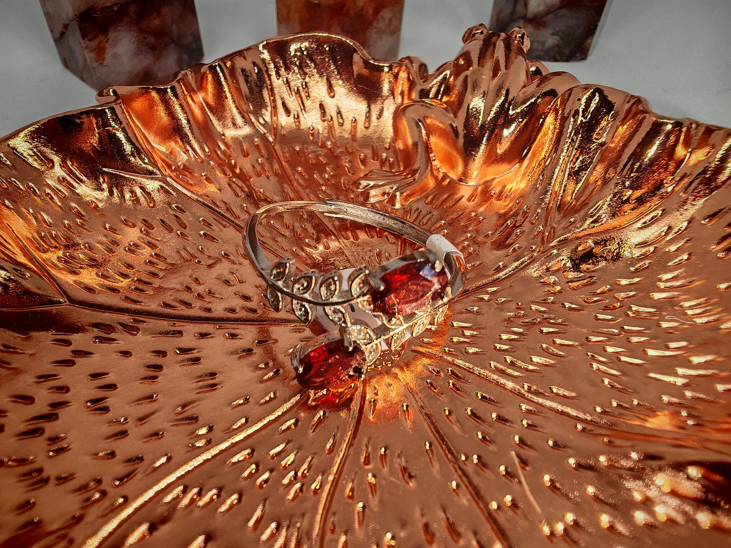 Garnet flower - Sterling Silver Adjustable Ring up to Size (S)