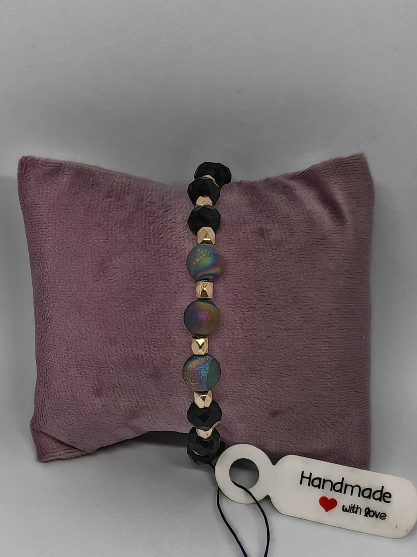 Peacock at Night - Peacock Agate Stones with Black Glass and a hint of Gold - 17cm