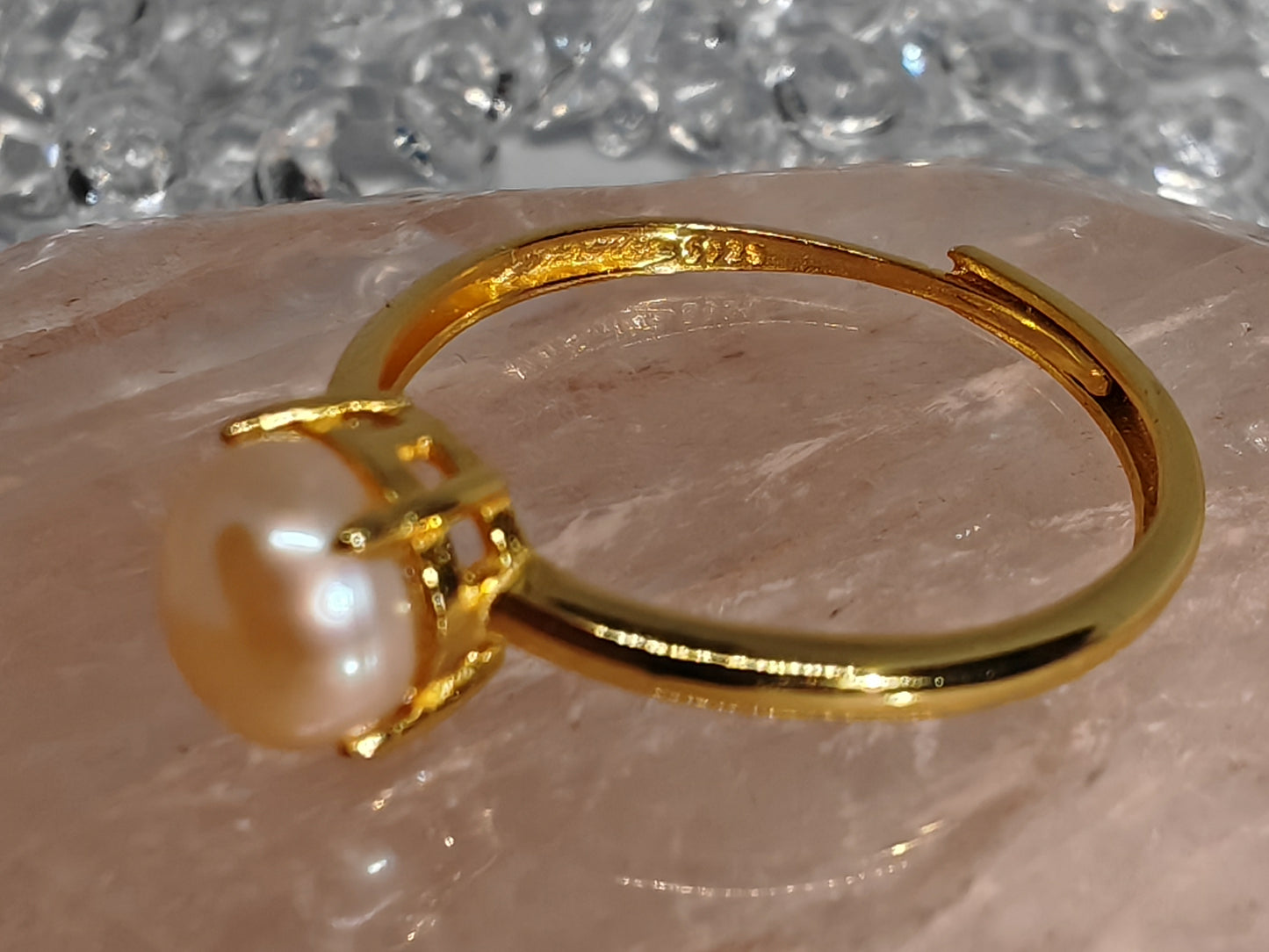 The Golden Pearl - Sterling Silver Adjustable Ring up to Size R - Gold Plated