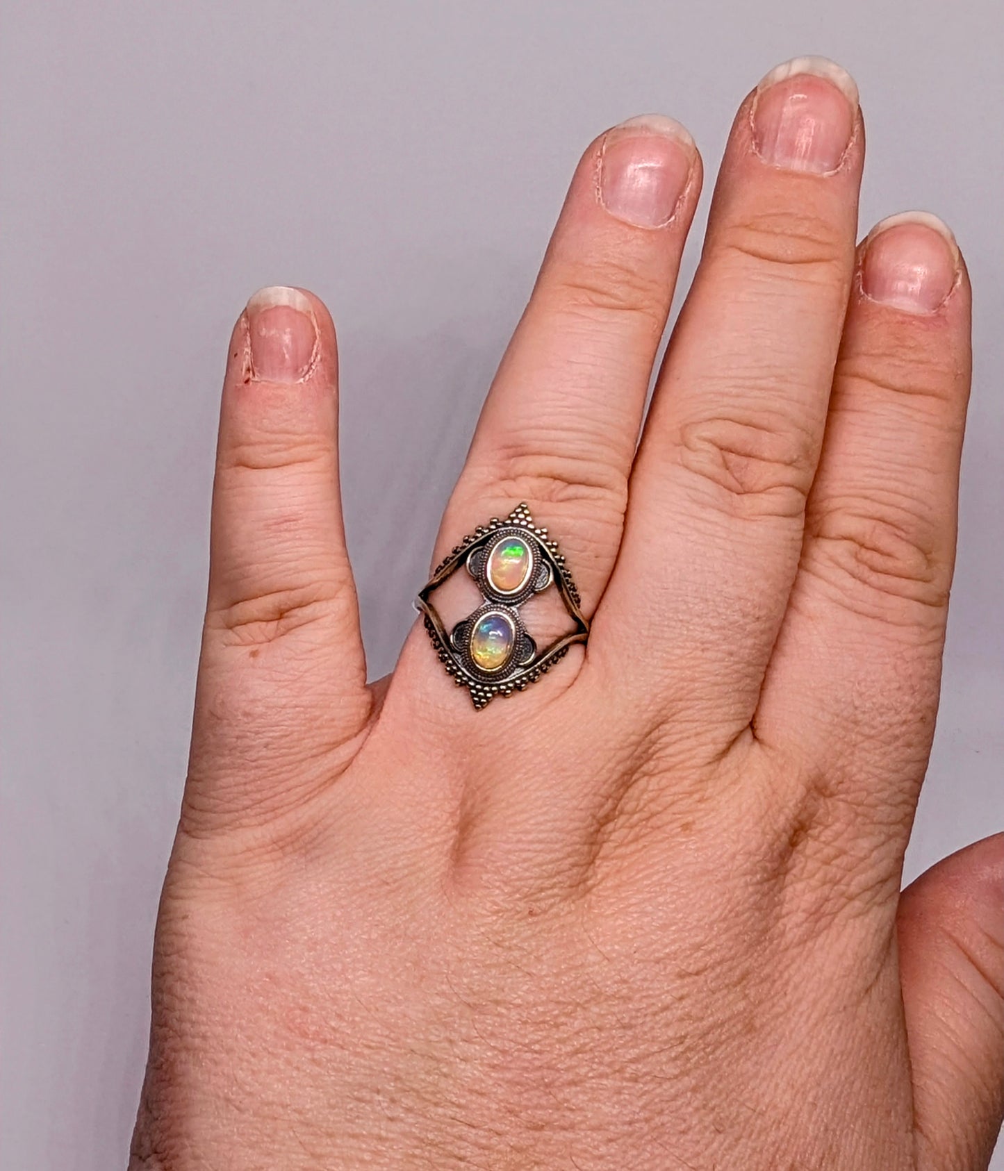 Double Opal Classic - A Dual Opal Stone Ring In a Bold Sterling Silver Band (U)