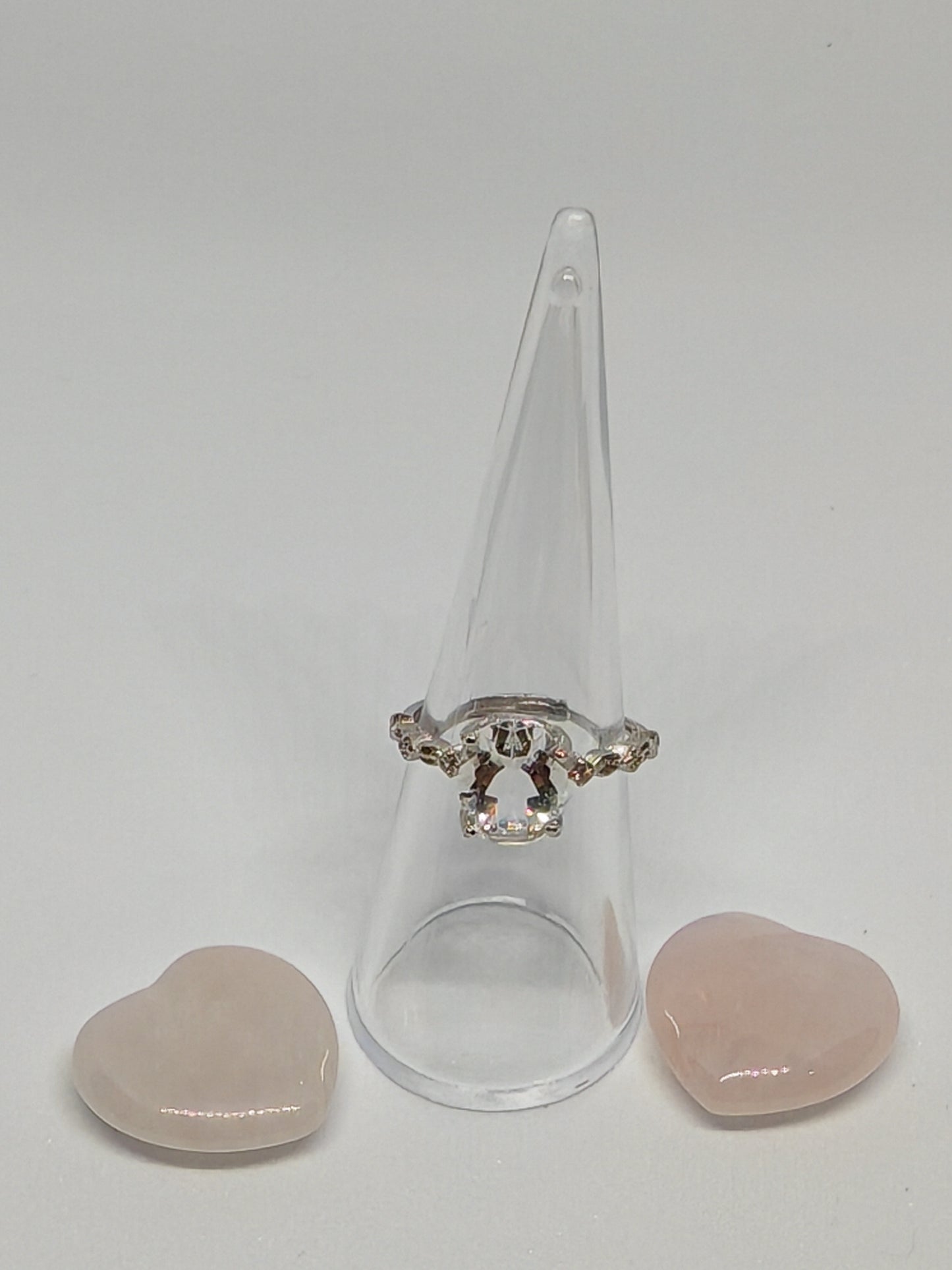 Large clear quartz - Sterling Silver Adjustable Ring with CZ Stones up to Size (R)