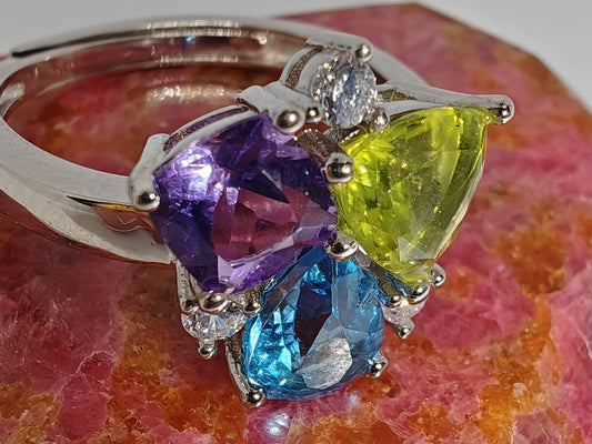 Triple Topaz - Sterling Silver Adjustable Ring up to Size U