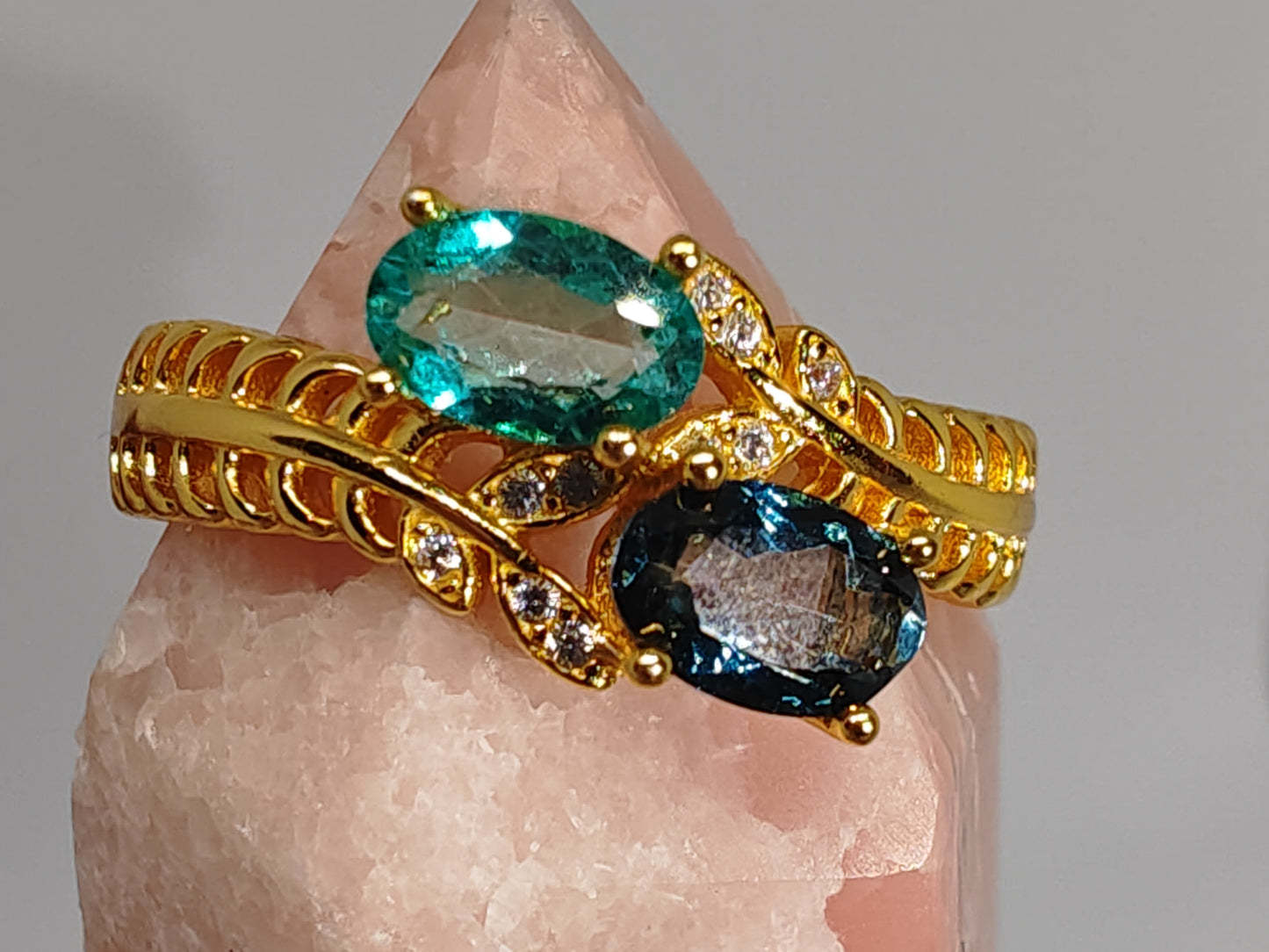 Two Blue Flowers - Gold Plated Adjustable Sterling Silver - up to Size S