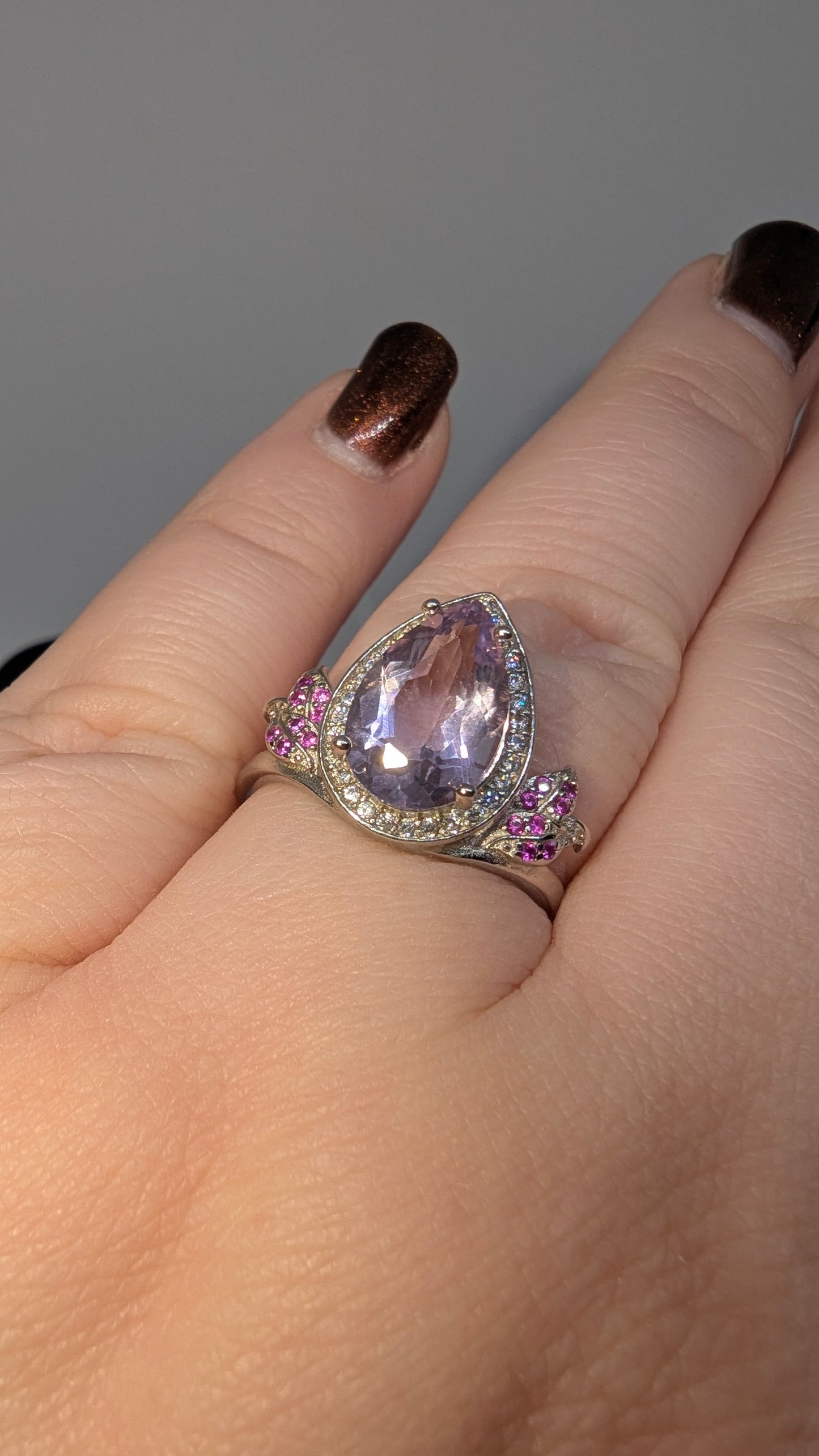 Lavender and Ruby Fantasy - Sterling Silver Adjustable Ring up to Size T