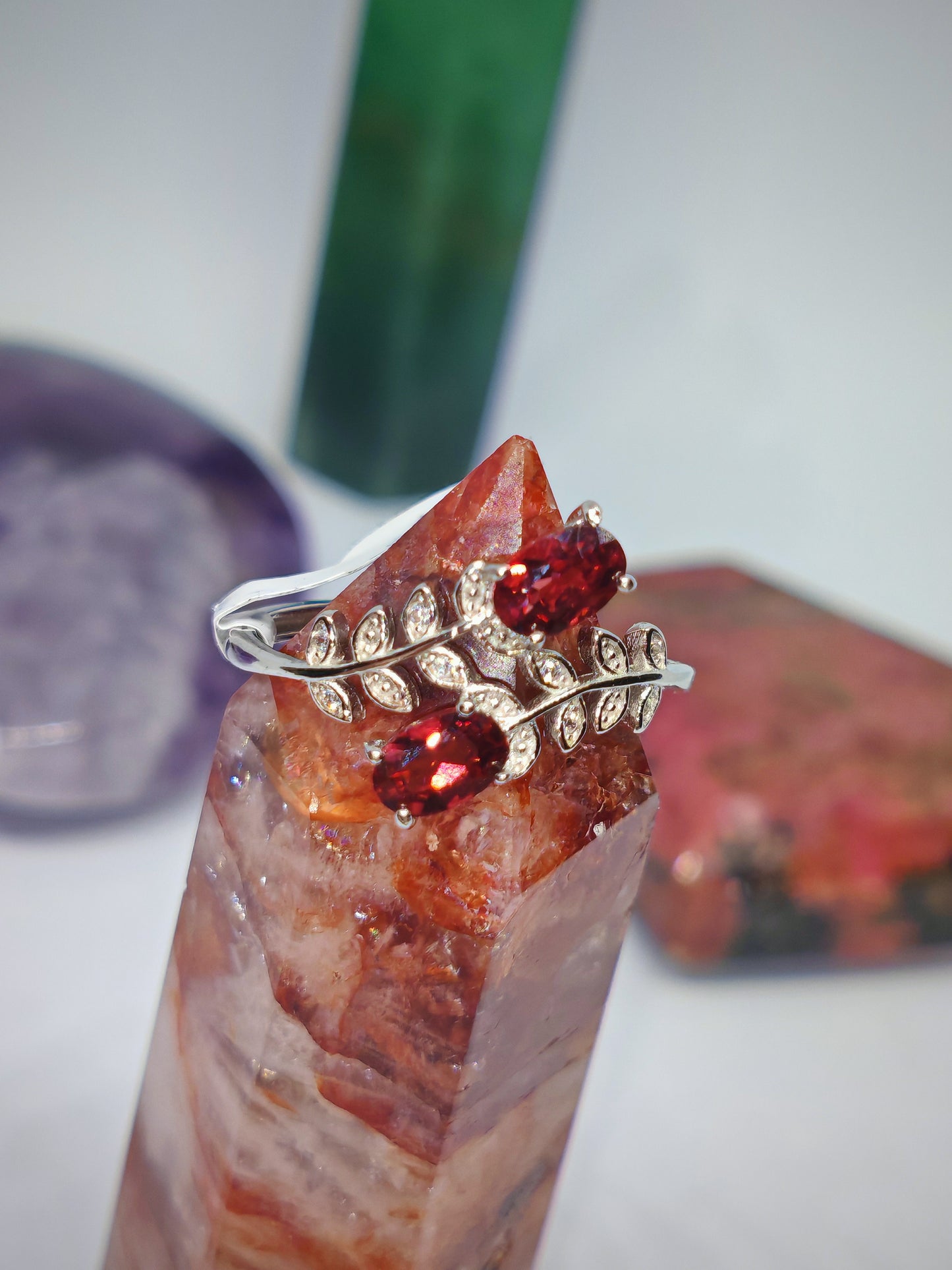Garnet flower - Sterling Silver Adjustable Ring up to Size (S)