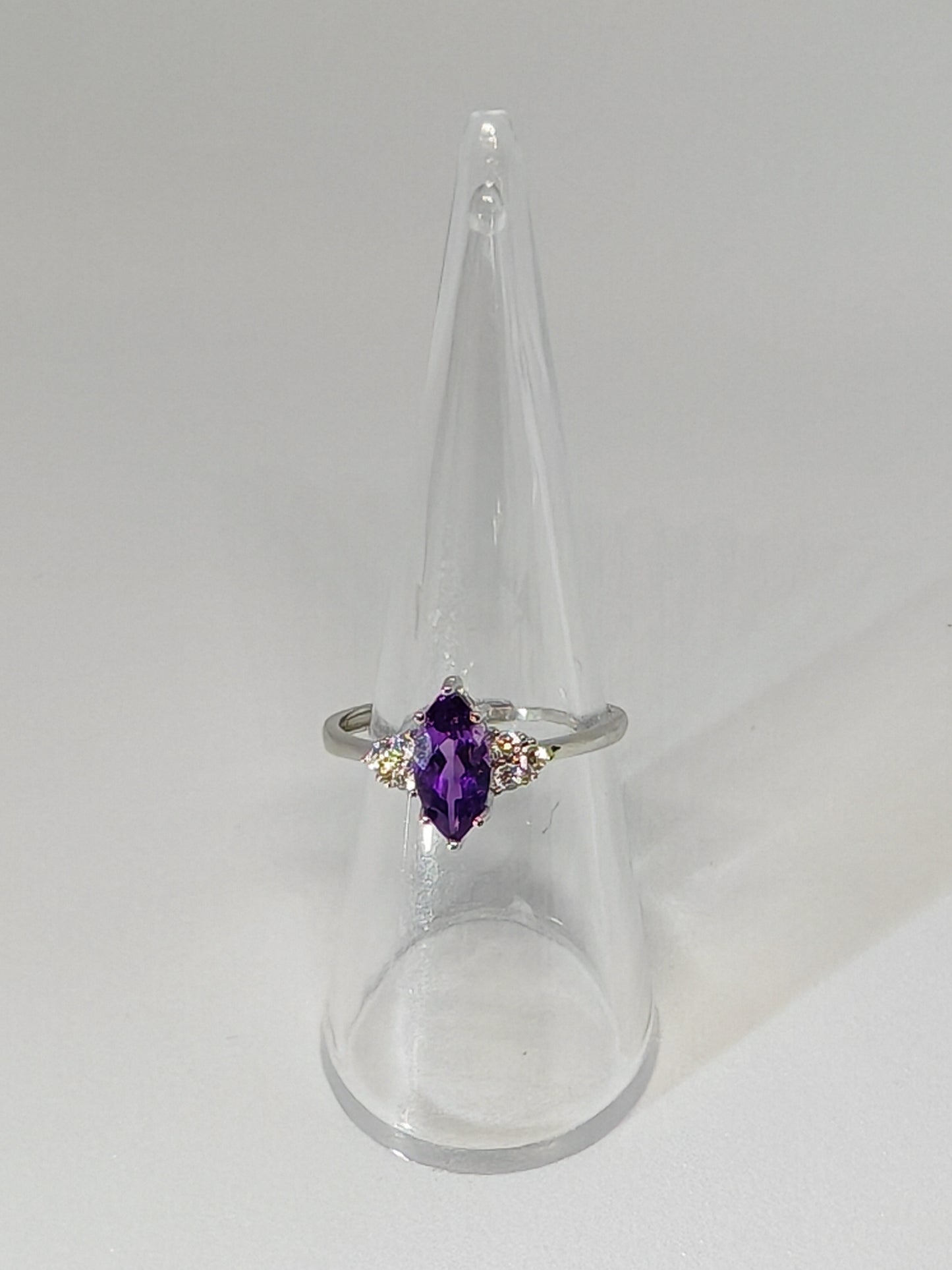 Amethyst Point - Sterling Silver Adjustable Ring with CZ Stones up to Size (S)