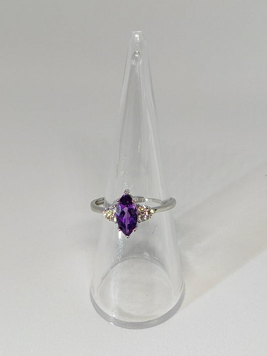 Amethyst Point - Sterling Silver Adjustable Ring with CZ Stones up to Size (S)