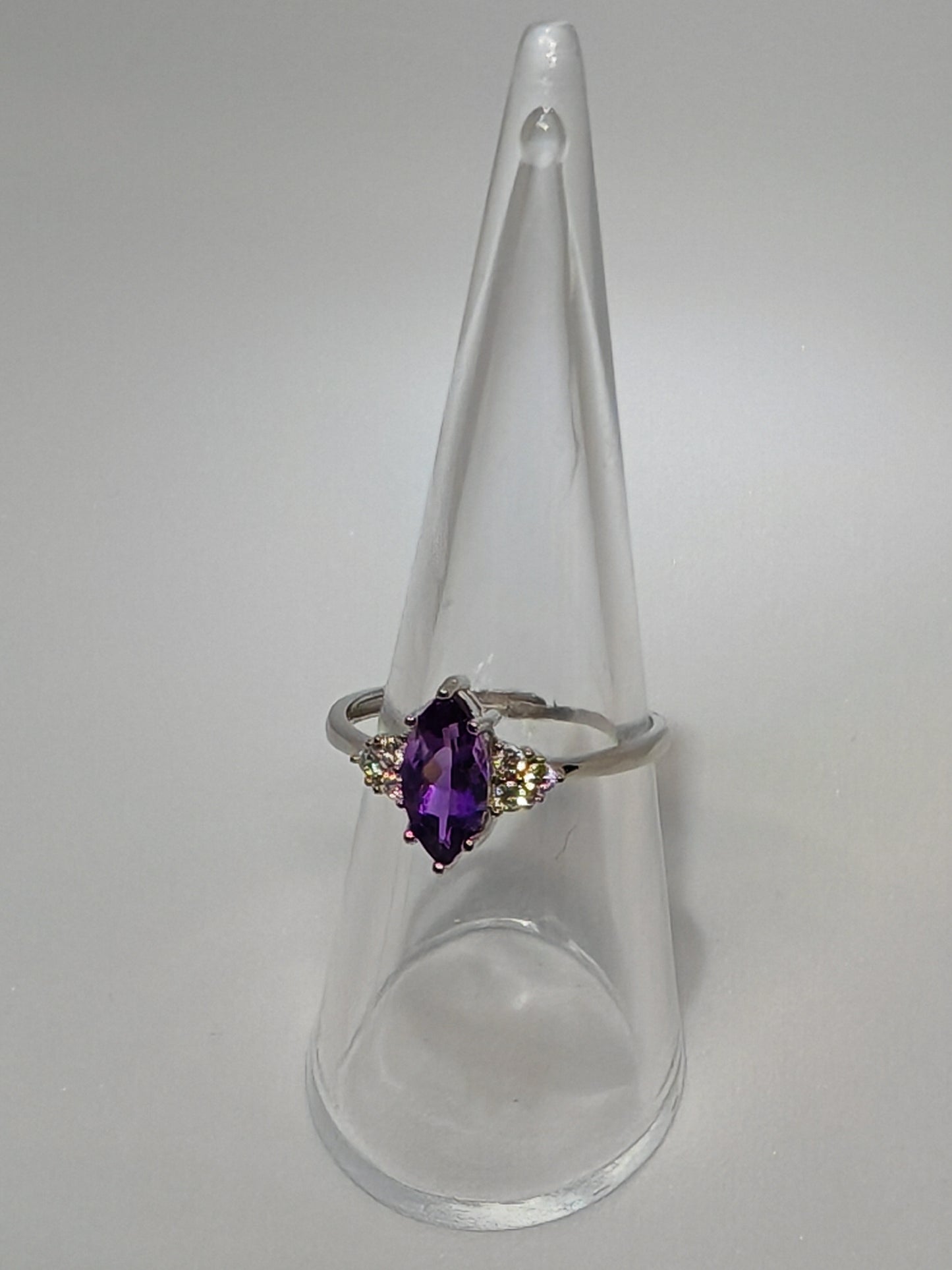 Amethyst Point - Sterling Silver Adjustable Ring with CZ Stones up to Size (S)