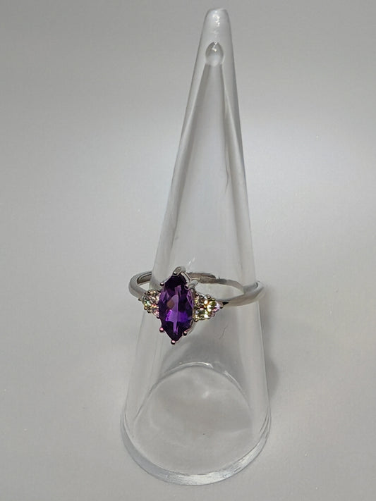 Amethyst Point - Sterling Silver Adjustable Ring with CZ Stones up to Size (S)