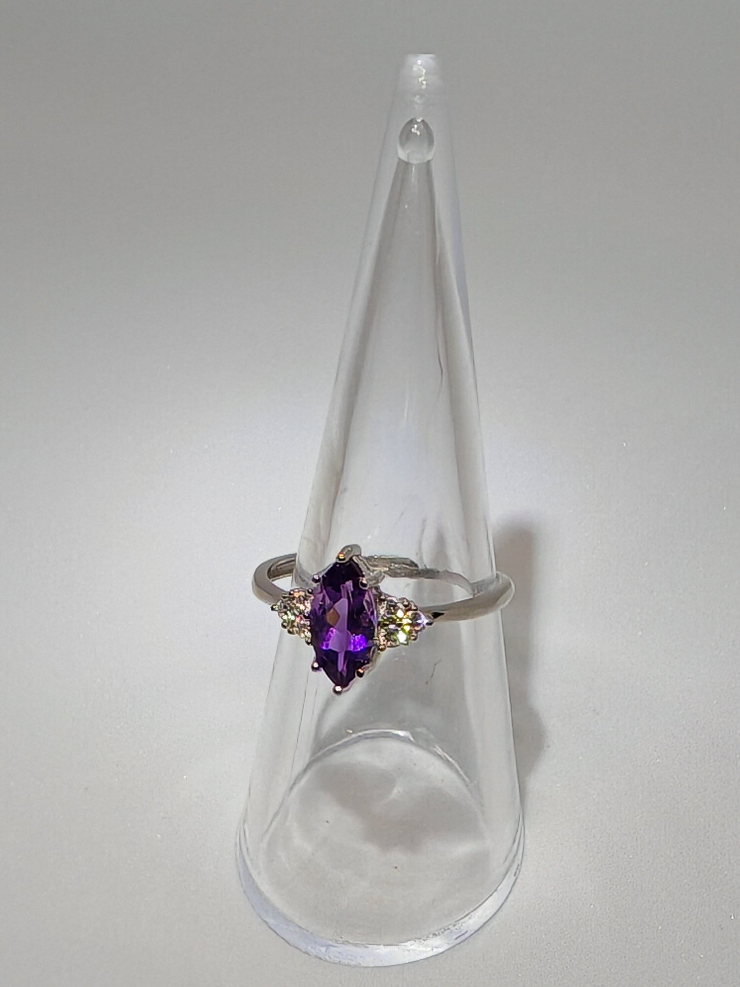 Amethyst Point - Sterling Silver Adjustable Ring with CZ Stones up to Size (S)