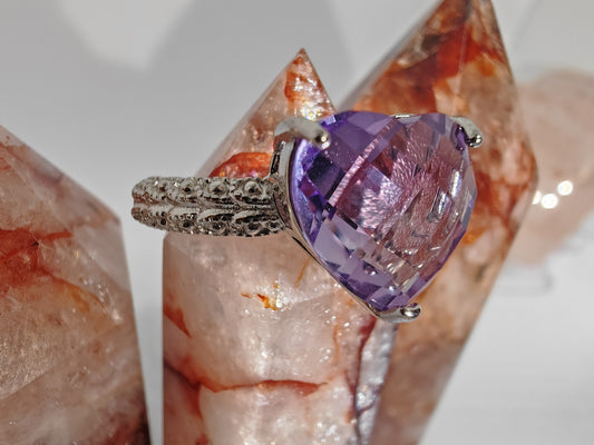 Thousand Facet Heart - Amethyst in Sterling Silver - Adjustable up to Size S