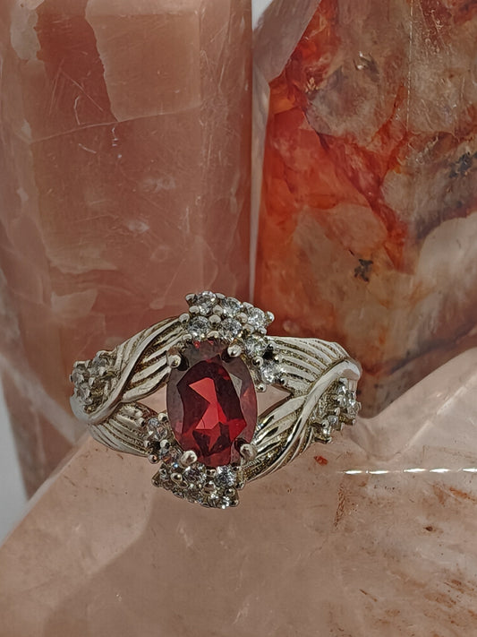 Red Rose and Ivy - Red Garnet in Sterling Silver - Adjustable up to Size R
