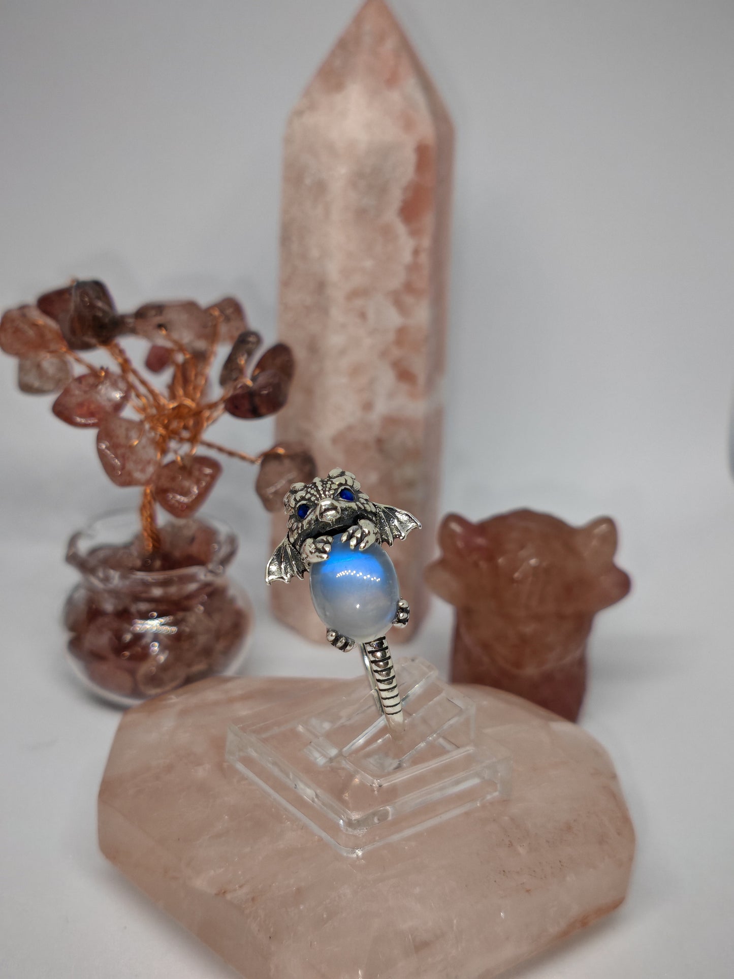 The Dragon and the Egg - Sterling Silver Adjustable Ring (up to U) with Moon Stone or Blue Star Ruby