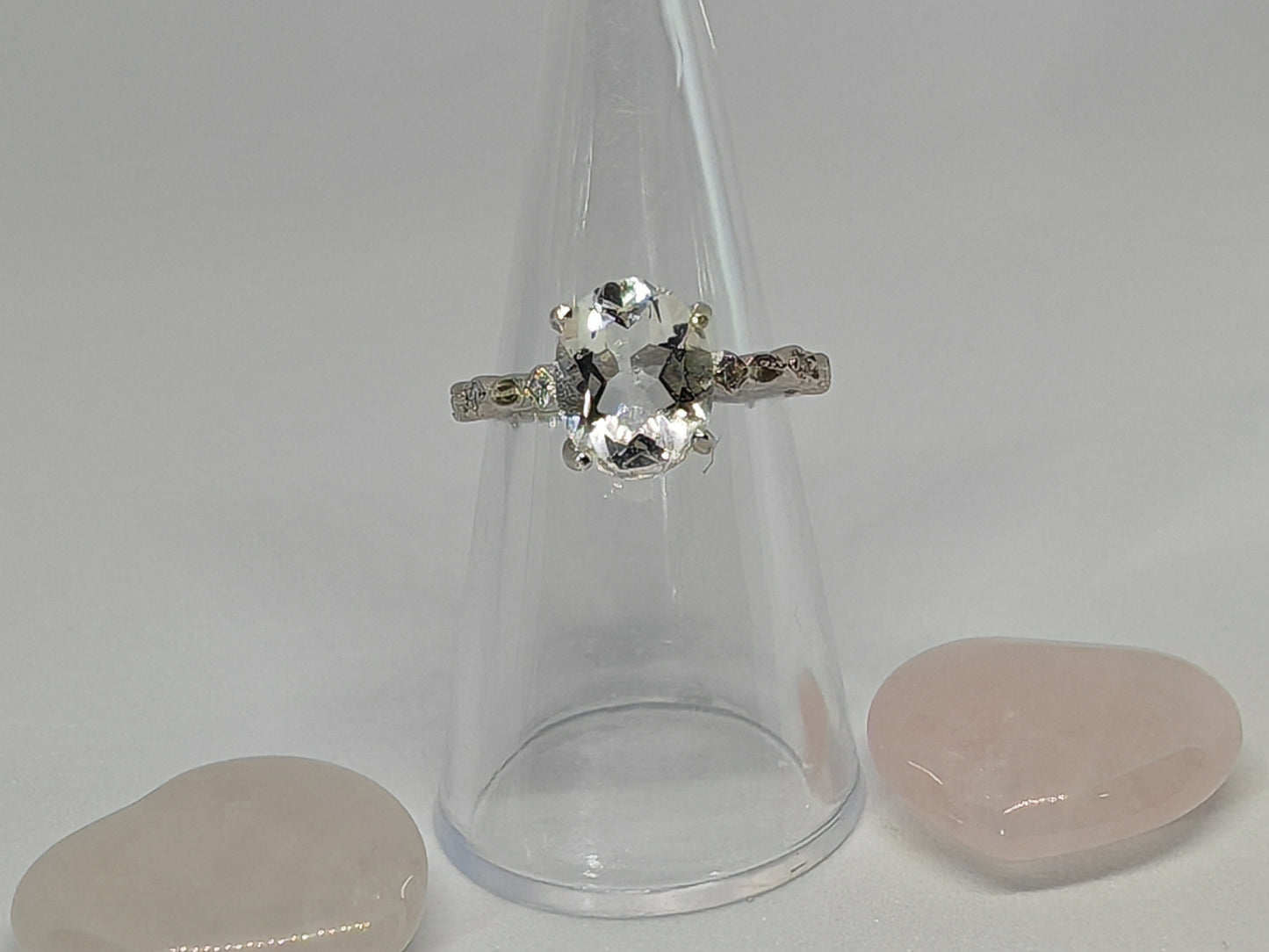 Large clear quartz - Sterling Silver Adjustable Ring with CZ Stones up to Size (R)