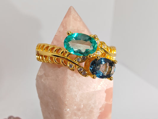 Two Blue Flowers - Gold Plated Adjustable Sterling Silver - up to Size S