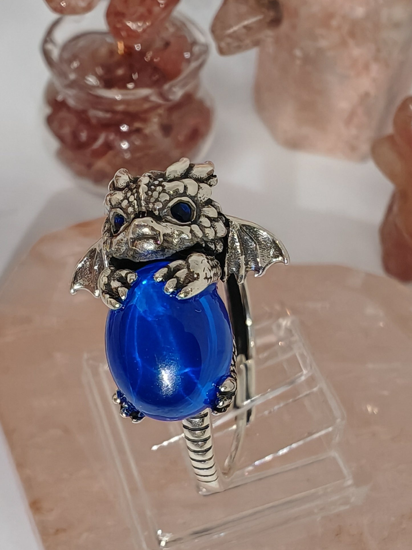 The Dragon and the Egg - Sterling Silver Adjustable Ring (up to U) with Moon Stone or Blue Star Ruby