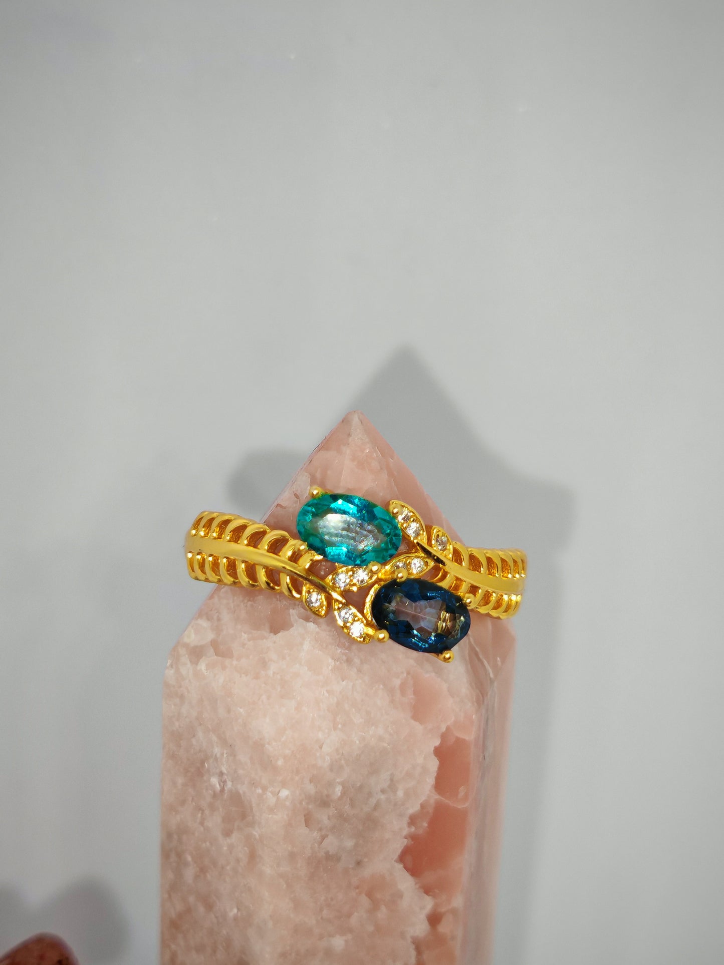 Two Blue Flowers - Gold Plated Adjustable Sterling Silver - up to Size S