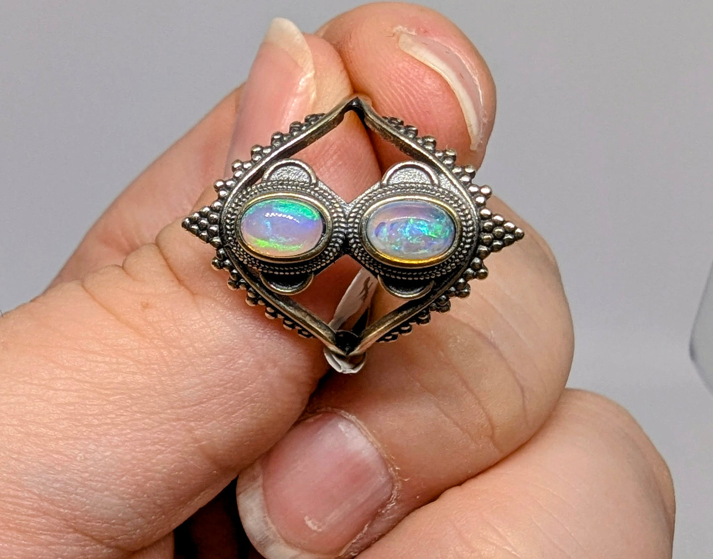 Double Opal Classic - A Dual Opal Stone Ring In a Bold Sterling Silver Band (U)