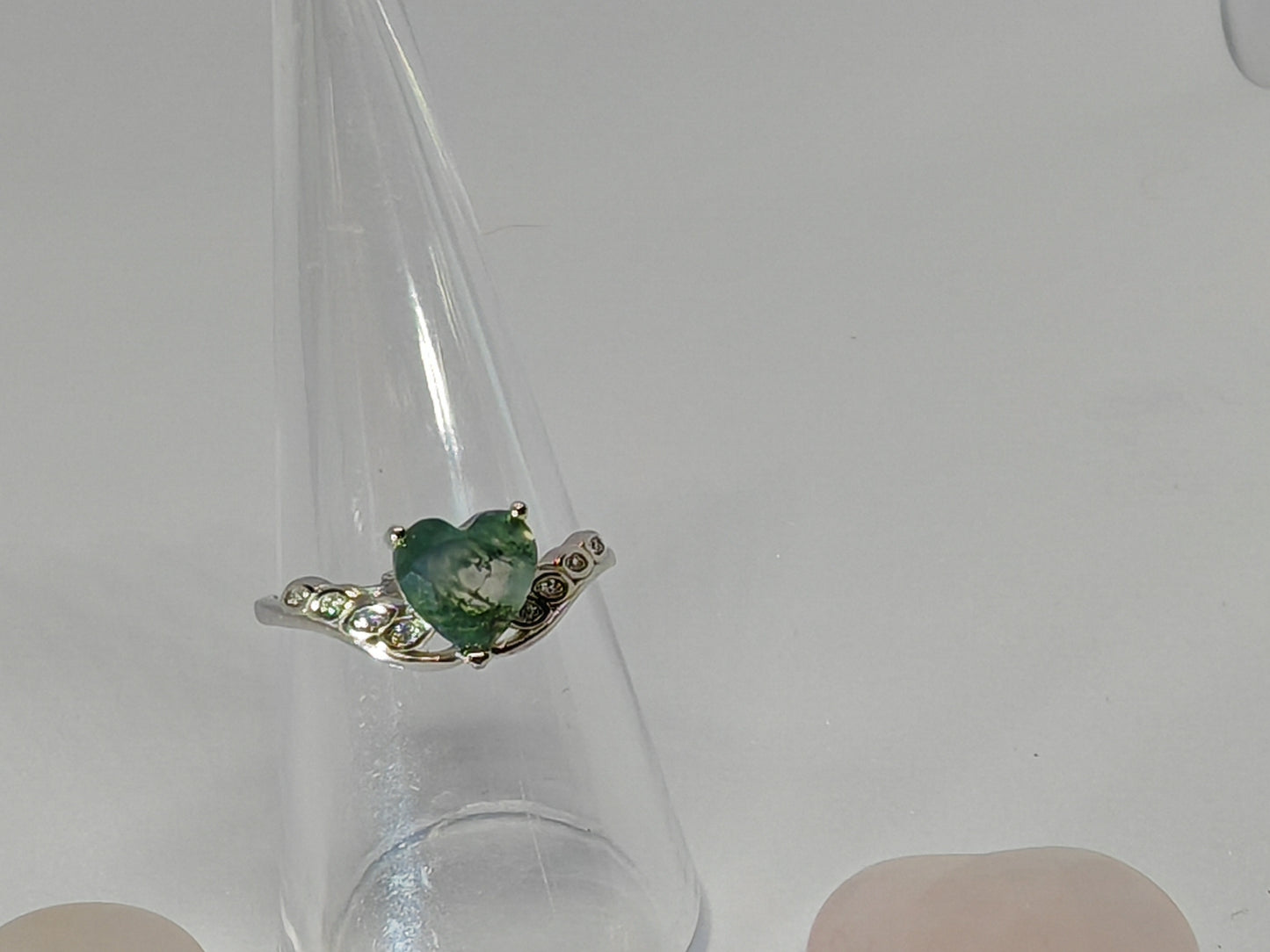 Moss Agate Heart - Sterling Silver Adjustable Ring with CZ Stones up to Size (R)