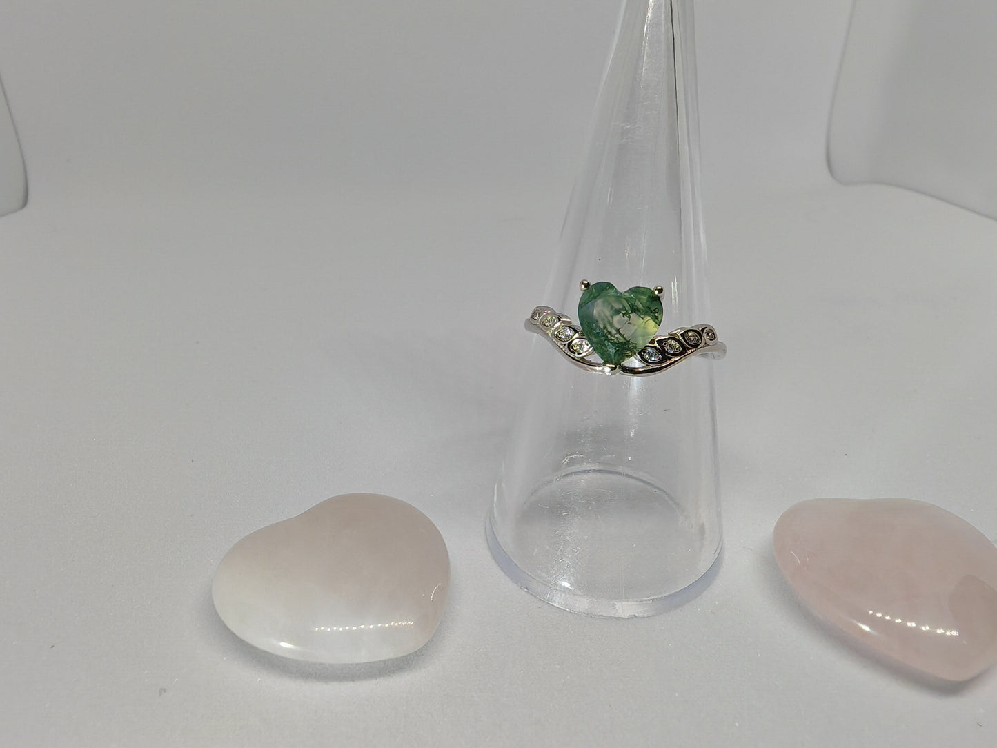 Moss Agate Heart - Sterling Silver Adjustable Ring with CZ Stones up to Size (R)