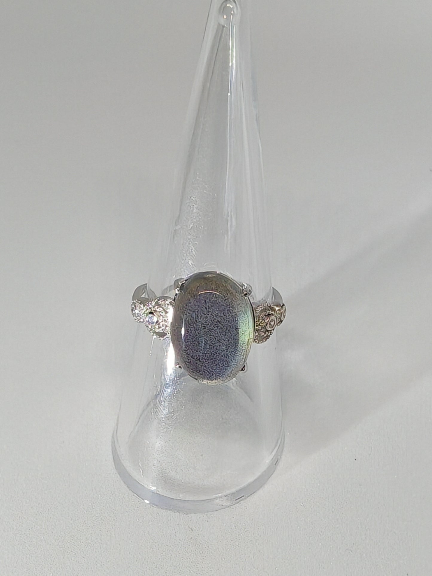 Large Labradorite - Sterling Silver Adjustable Ring with CZ Hearts up to Size (R)