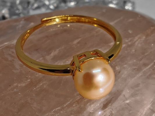 The Golden Pearl - Sterling Silver Adjustable Ring up to Size R - Gold Plated